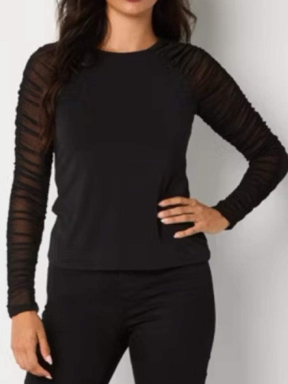BOLD Elements Black Ruched Sheer Mesh Sleeve Top XXL
